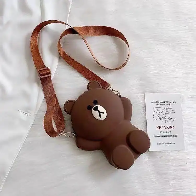 Mini Portable Silicone 3D Brown Bear Sling Shoulder Crossbody Messenger Bag Coin Purse for Girls Kids Women Gifts