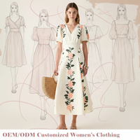 Robe d'été mi-longue personnalisée OEM ODM pour femme, imprimé floral crème, col en V, manches bouffantes, taille élastique, coupe trapèze