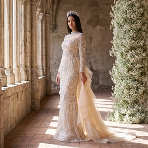 Rsm261026 Long Sleeve Evening Dress Champagne Turtle Color Lace-Up Back Beaded Crystal Detail For Prom Dress Jancember - Product Image 1