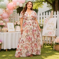 Robe longue en mousseline de soie à imprimé floral, col en V, manches courtes, taille plus, pour occasions spéciales, OEM 1X-5X, 120 GSM