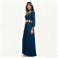 Robe de déesse égyptienne modeste à couvrance totale, bleu marine, avec garniture dorée, manches longues, longueur ras du sol, costume Cléopâtre