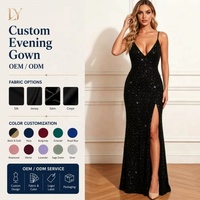 Fabricant de robes de soirée sirène personnalisées en gros, à bretelles spaghetti, col en V profond, à sequins et fente haute