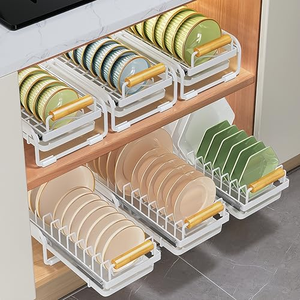 Organisateur de rangement coulissant de style japonais pour vaisselle, ustensiles, bols et assiettes, avec poignée en bois pour armoire - Product Image 1