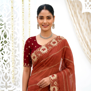 AARA Fashion Sari en soie rouge pour femme, broderie dorée, motif floral, tenue traditionnelle indienne pour mariage et Diwali, pour adultes - Product Image 1