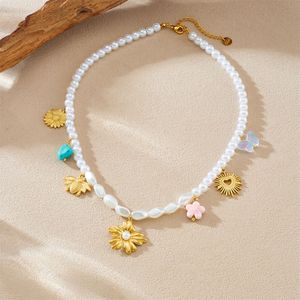 Elegant Pearl Beaded Necklace With Flower Sunflower Bee Pendant Gold Plated For Party Fashion Jewelry - Product Image 3
