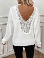 Pull en tricot à manches longues et col rond simple en dentelle pour femmes, décontracté au quotidien, printemps et automne