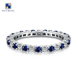 Anelli da tennis da donna di lusso 925 argento rotondo zirconia cubica fascia per l'eternità oro bianco placcato blu e bianco anello nuziale con diamanti cz