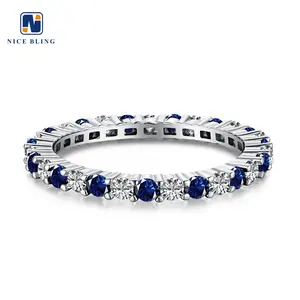 Bagues de tennis de luxe pour femmes 925 argent rond zircon cubique bande d'éternité plaqué or blanc bleu et blanc cz bague de mariage en diamant