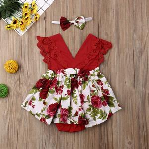 Vêtements pour bébé, combinaison d'été en dentelle rouge rose, robe sans manches à fleurs, robe de bébé élégante avec bandeau - Product Image 3