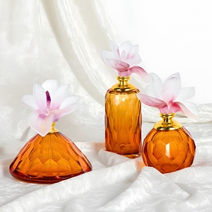 Crystal Coast Amber Crystal Perfume <b>Bottles</b> with Flower <b>Stopper</b> Round Shape Decorative Fragrance Containers for Home Use - Product Image 1