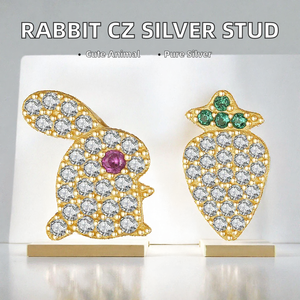925 Sterling <b>Silver</b> Rabbit Carrot Stud Earrings Gold Plated -Zircon Animal Jewelry for Women Gift Party - Product Image 2