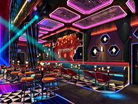 Conception d'intérieur clé en main pour boîte de nuit cyberpunk avec mobilier de bar personnalisé, comptoirs LED, cabines VIP et aménagement commercial