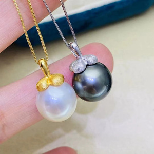 Pendentif en argent S925 avec perles rondes de 10-13 mm, collier en jade magnifique à faire soi-même avec support vide, accessoire 31115 - Product Image 1