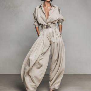 Conjunto de Dos Piezas de Verano OEM en Color Sólido, Camisa de Manga Larga y Pantalones Anchos de Satén para Mujer - Product Image 1