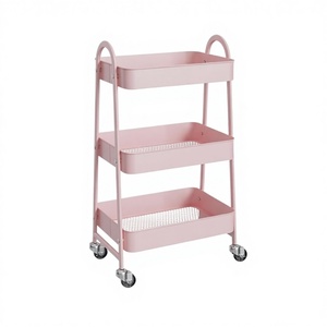 Chariot utilitaire à roulettes multifonctionnel moderne en métal à 3 niveaux avec finition laquée - Chariot de rangement rose pour la cuisine et le salon - Product Image 1