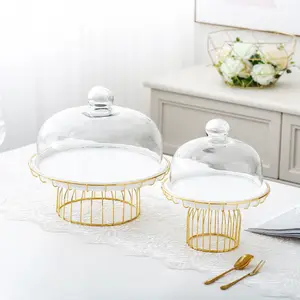 SYL piatto per torta in ferro battuto dorato con piedi alti decorazione per tavolo da dessert vassoio per esposizione prova piatto per snack con coperchio in vetro