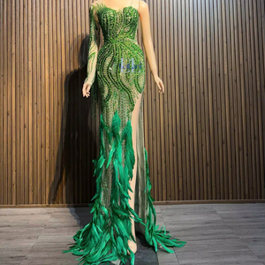 Robe fourreau élégante pour femme, une seule manche longue, en tissu de soie avec strass haut de gamme, robe de soirée de luxe - Product Image 1