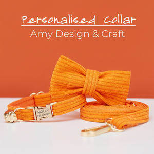 Ensemble de laisse en velours côtelé orange personnalisé pour chat et petit chien, étiquette de nom de chiot chaton gravée gratuitement, cloche en or, animal de compagnie - Product Image 1
