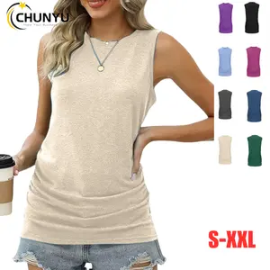 Women's Summer Casual Slim Solid Crewneck Sleeveless Ruched Tank Tops Trendy Loose Sports Tops Streetwear For Women