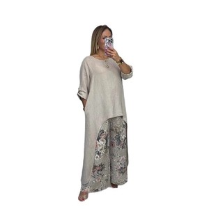 Women's Casual Cotton <b>Linen</b> <b>Set</b> Long Top Wide Leg Pants With Pockets Green Gray Beige Pink Yellow White S M L XL 2XL 3XL - Product Image 5