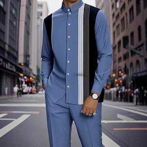 طقم رجالي كاجوال خريفي بطبعة رقمية، بنطال وبلوزة بأكمام طويلة، طقم قطعتين أنيق للرياضات الخارجية والعطلات - Product Image 1