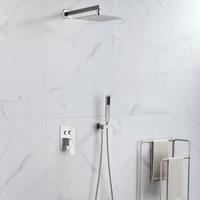 Système de douche en nickel brossé, 2 fonctions, fixation murale, pomme de douche carrée à effet pluie avec douchette à main, ensemble de douche avec robinet encastré