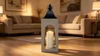 Lanterne en bois avec dessus en fer et bougie LED, lanterne suspendue en verre découpé en forme d'arche, style ferme, pour la décoration de la maison, des tables de mariage