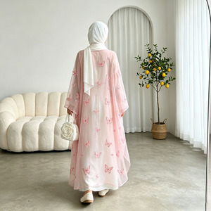 Eid Ramadan Pink Butterfly lace Embroidered Abaya <b>Set</b> Women Luxury Robe 2 Pieces <b>Modest</b> Dress Wholesale - Product Image 4