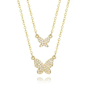 I prodotti più venduti popolari placcati in oro con zircone per donna collana con pendente a farfalla a doppio strato
