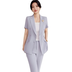 Women's Pink Suit Set Short Sleeve Summer Formal Work Wear Two Piece Pants Set Breathable Polyester Fabric - Product Image 5