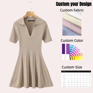 Mini-robe décontractée Y2K en dentelle léopard pour femme, couleur unie, tricotée, col rabattu, manches courtes, respirante, été, sans bretelles, coupe <span class=keywords><strong>Empire</strong></span> - Product Image 1