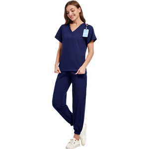 Navy Blue Scrub Suit Short Sleeve Lightweight Moisture Wicking Split Set For Medical Work Uniform In Stock - Product Image 1