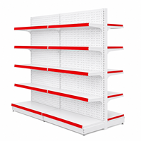 Étagère Gondole Robuste Double Face en Métal Gris Clair avec Panneau Perforé et Bordure Rouge, 5 Niveaux Empilables pour Supermarché et Commerce de Détail