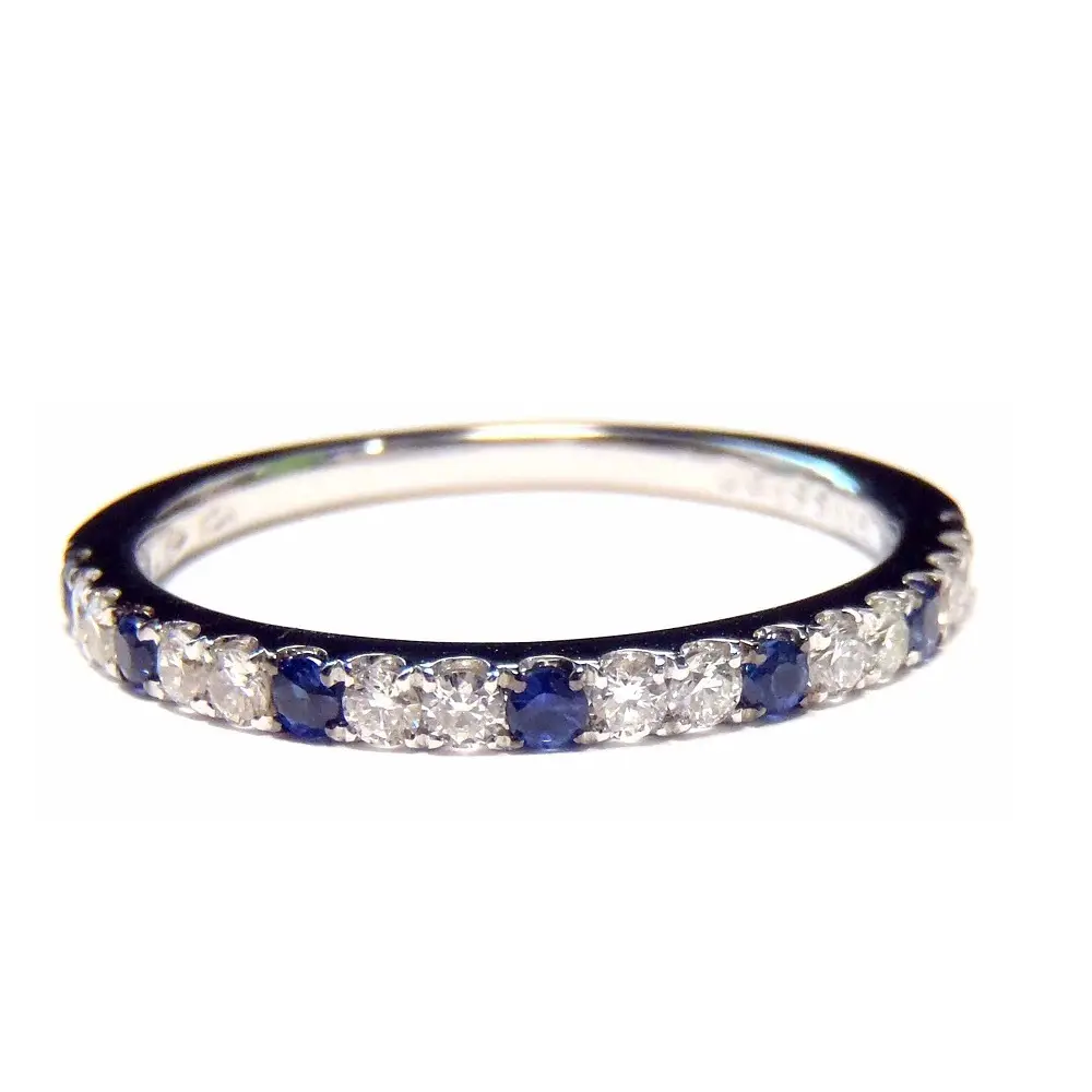 Proveedores de joyería fina, venta al por mayor, replanteo, oro blanco de 18 quilates, piedra preciosa de diamante de alta calidad, zafiro azul, anillo de banda Simple para mujer