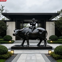 YOUFINE Statue de taureau chinois en bronze, bœuf de ferme réaliste et dévoué, tirant un charrue, pour parc rural et manoir