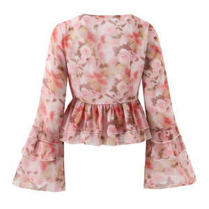 Camicetta da Donna Rosa con Scollo a V, Allacciatura, Stampa Floreale, <span class=keywords><strong>Volant</strong></span> a Strati, Maniche Lunghe, Casual e alla Moda - Product Image 2