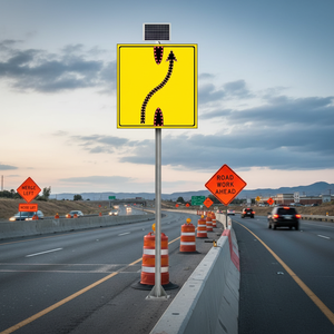 Panneau de signalisation routière réfléchissant à énergie solaire 110 x 120 cm, signalisation de changement de voie de gauche à droite, signalisation de prudence - Product Image 3