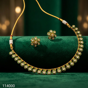 Indian Traditional Kundan Meenakari Copper Base Necklace <b>Set</b> Gold Plated Green Enamel Teardrop Choker with Floral Stud Earrings - Product Image 3
