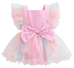 新生婴儿女婴精品服装彩虹雪纺粉色蝴蝶结褶边短裙连衫裤
