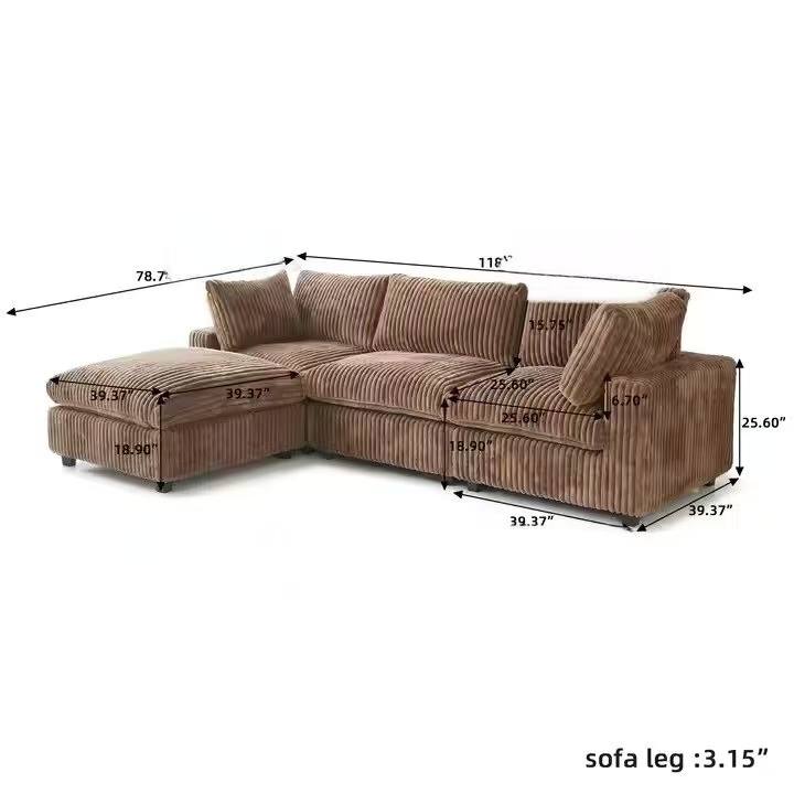 Italian Luxury L-Shaped Modular Sofa – Brown Plush Corduroy Sectional Couch for Living Room - View 2