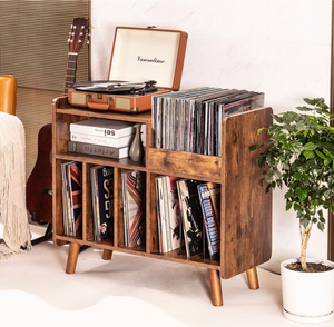 Meuble de rangement vintage en noyer pour tourne-disque, bibliothèque de bureau avec une capacité maximale de 350 albums - Product Image 4