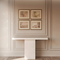Table console de salle à manger KUMUSI en marbre beige travertin moderne pour salon, hôtel et villa - Taille personnalisable, facile à nettoyer