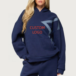 Custom Logo <strong>Women's</strong> <strong>Navy</strong> Blue Oversized <strong>Hoodie</strong> With Star Patch Design Casual Street Wear Pullover Sweatshirt - Product Image 1
