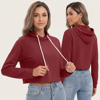 Sweat-shirt à capuche court pour femme, couleur unie marron, manches longues, décontracté, respirant, en coton tricoté, pour l'automne