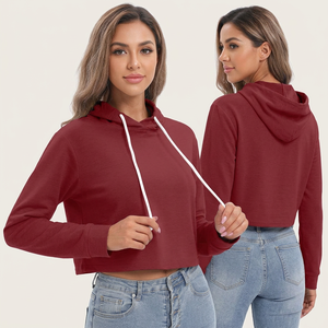 Women's Maroon <b>Cropped</b> Hoodie Long Sleeve Solid Color Casual Hooded Sweatshirt Breathable Knitted Cotton Autumn Wear - Product Image 1
