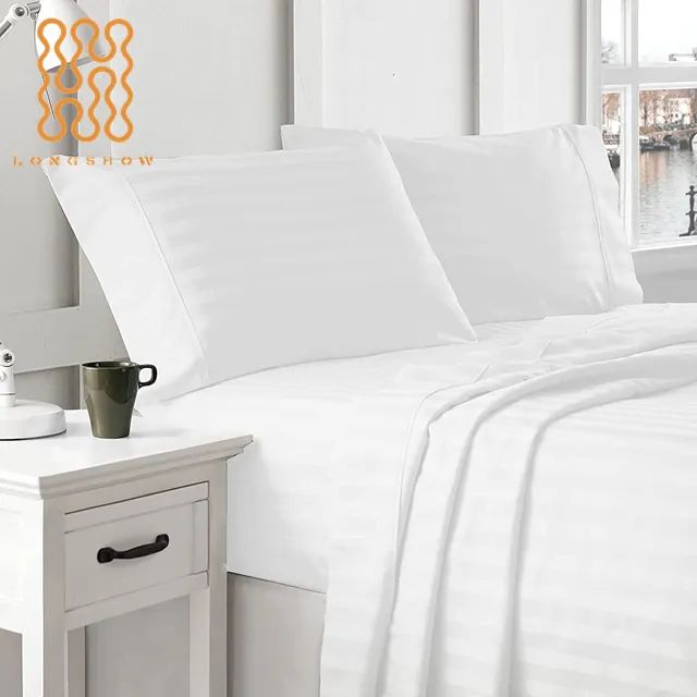 Professional customization Hotel 5 star Luxury 60S 1cm 100% polyester/cotton white satin stripe bed sheet set