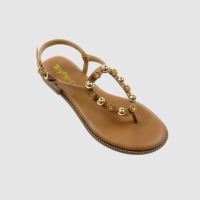 Sandales plates tendance pour femmes à bout fendu avec pierres et perles, confortables, antidérapantes, à boucle réglable, chaussures d'extérieur pour femmes