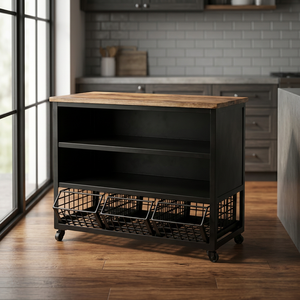 Armoire de salon en métal industriel avec dessus en bois, 3 bacs de rangement, design moderne, couleur noire, meubles pour la maison - Product Image 2