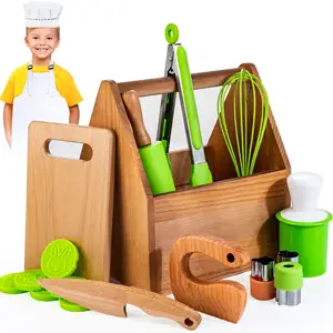 2024 Toddlers Boy Girls Safe Knife Food Grade Kitchen Real Toy Kids Kitchen Tools Wooden Cooking Baking Utensils Set For Kids