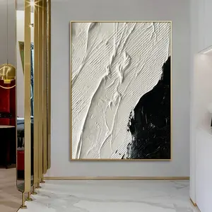 Lukisan minimalis tekstur 3D hitam dan putih di atas kanvas seni dinding bertekstur putih besar seni minimalis Modern